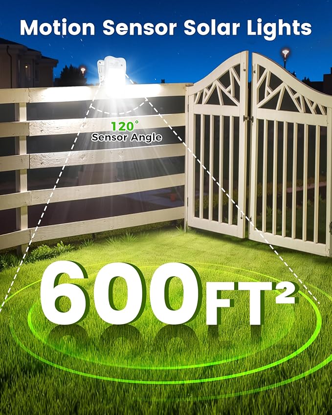 Clip on Solar Lights for Fence, 3 Modes Solar Motion Lights Outdoor Waterproof, 60LEDs 500LM Portable Security Light for Fence, Deck, Garage, Camping, USB Charging, 6 White