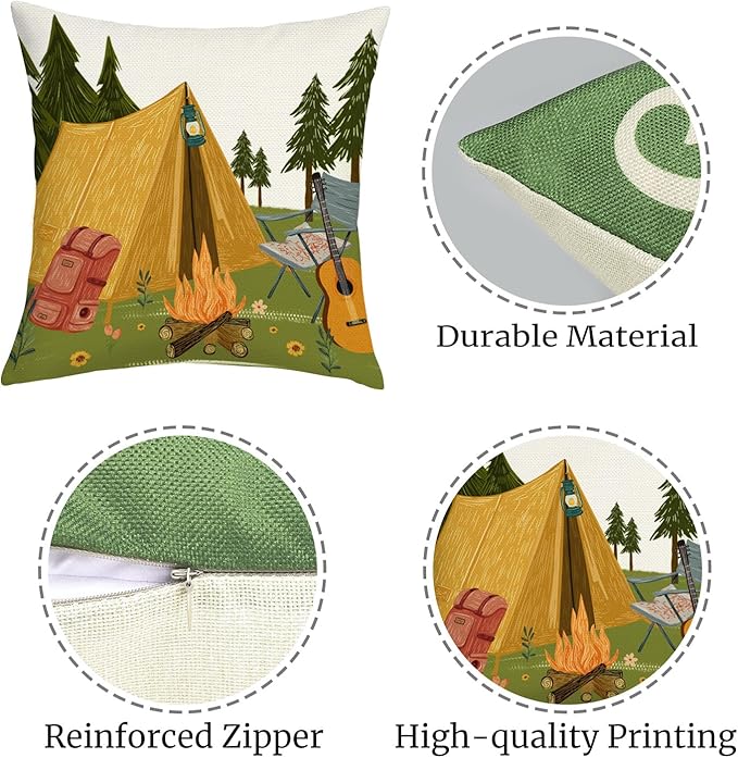 Gnome Happy Camper Camping Life Throw Pillow Covers 18x18 Inch Set of 4 Mountain Tent Campfire Cushion Covers Outdoor Decor for Couch Cushion Cases