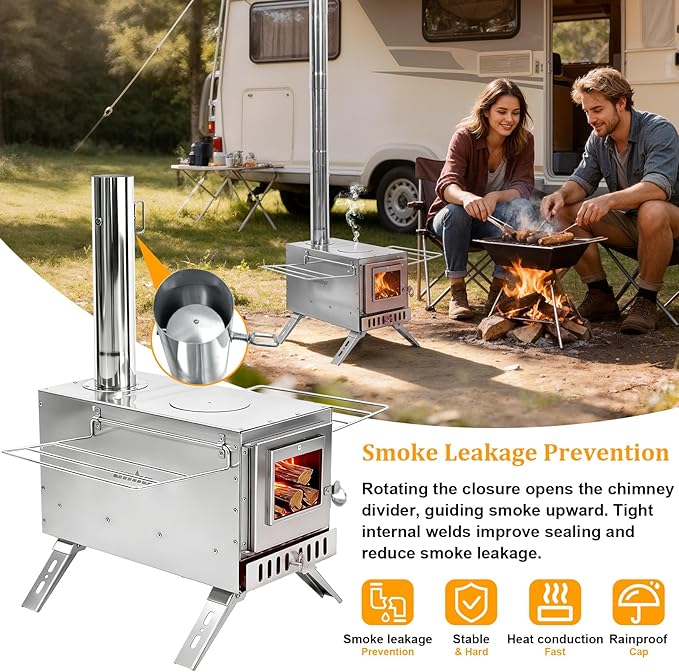 unho Stainless Hot Tent Stove 15in Wood Burning Stove with 6 Chimney Pipes for Outdoor tent heater for camping Prevent rusting