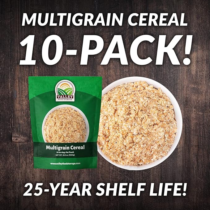 Valley Food Storage Multigrain Dried Cereal | 10-Bag Bucket, 100 Servings | Premium Emergency Food Supply, 25 Year Shelf Life | Survival Breakfast Food for Camping, Prepper Storage & Off-Grid Living