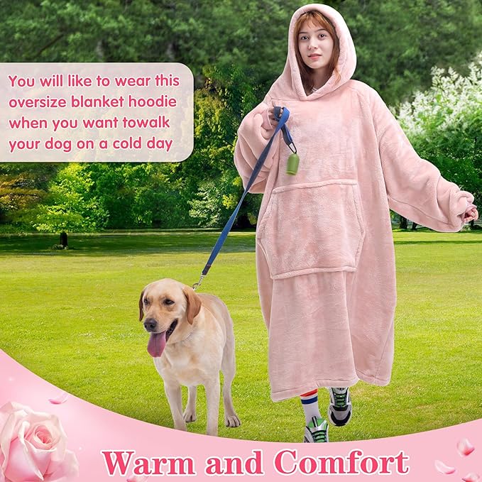 Waitu Wearable Blanket Sweatshirt Gifts for Women and Men, Super Warm and Cozy Giant Blanket Hoodie, Thick Flannel Blanket with Sleeves and Giant Pocket - Pink