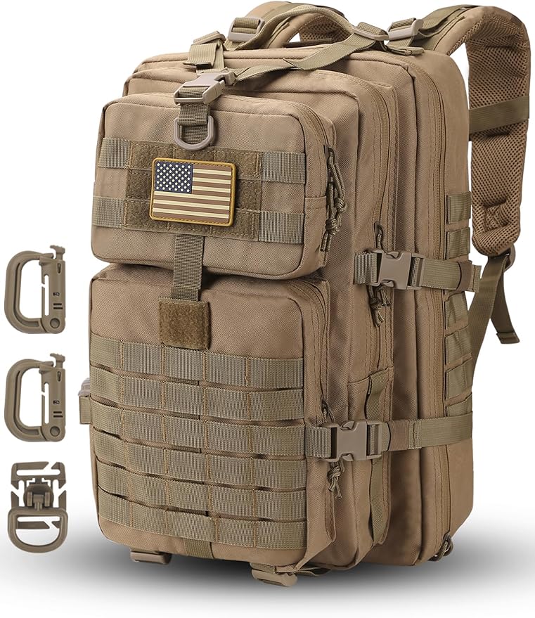 Hannibal Tactical MOLLE Assault Pack, Tactical Backpack Military Army Camping Rucksack, 3-Day Pack Trip w/USA Flag Patch, D-Rings, Coyote