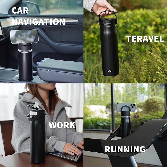 LISI 30oz Insulated Water Bottle, Double Wall Stainless Steel Water Bottles with Straw, 100% Leak-Proof Travel Thermal Canteen Mug with 2 Lids (Straw, Phone Holder Lid)
