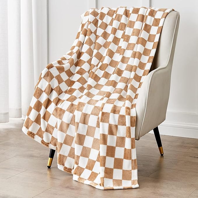 Edenleaf Checkered Blanket Flannel Throw Blankets Soft Cozy Checkered Grid Print Chessboard Gingham Pattern Throws for Bed Sofa Couch for All Seasons, 60x80 Inch, Blonde
