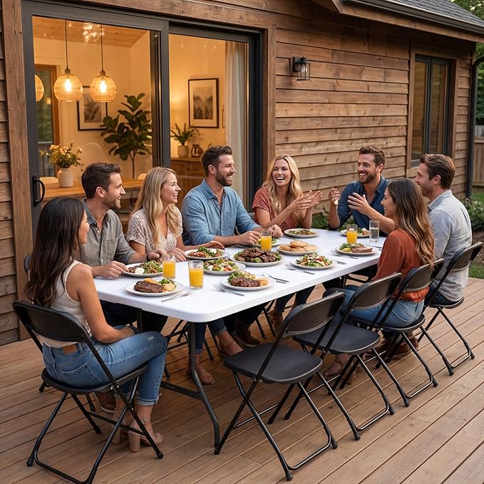 Folding Table 8ft - Heavy Duty Plastic Table with Handle, Foldable & Portable, Fold-in-Half Utility Tables for Outdoor, Dining, Wedding, Events, Indoor, Picnic, Camping, Party (White)