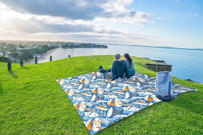 WEKAPO Beach Blanket Waterproof Sandproof Oversized, Extra Large Beach Mat Sand Free, Lightweight & Compact Sand Free Mat with 5 Stakes & 4 Corner Pockets