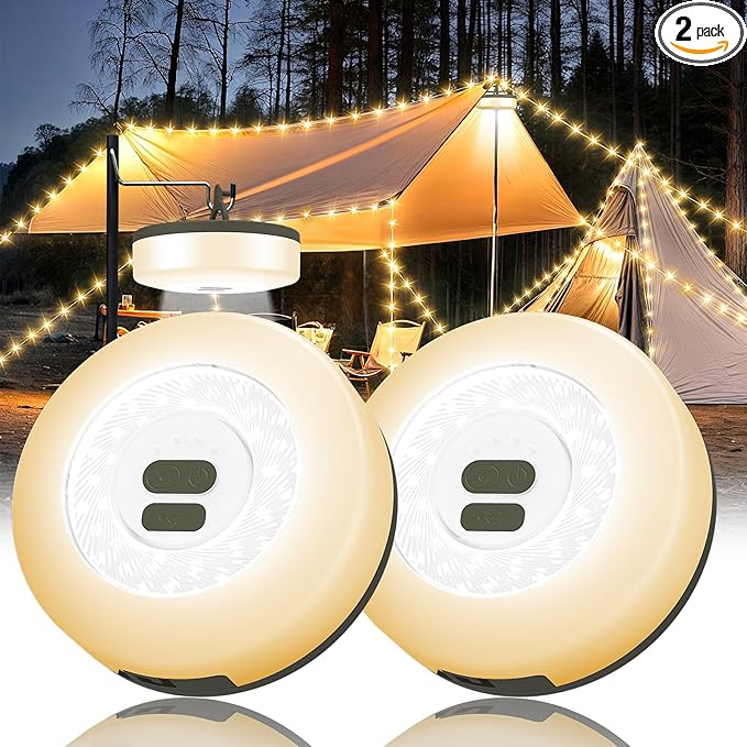 2Pack Camping String Lights, 4 in 1 Quick Storage Camping Essentials Gear 32.8FT Rechargeable Tent Lights with 6 Modes Hanging Waterproof LED Camp Lamp for Camping Hiking Patio Festival- Warm White