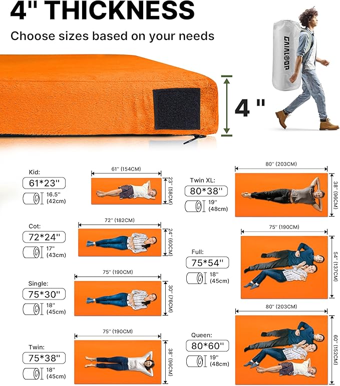 GAIALOOP 4 INCH Extra Thick Memory Foam Camping Mattress, 30D Foam Camp Pad for Car Tent Cot, Roll Up Mattress for Guests Sleepovers RV Truck Camper