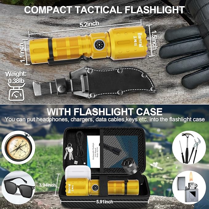 Banral Flashlights High Lumens Rechargeable, Super Bright Long Range Small Powerful Flashlight, 6 Modes LED Tactical Pocket Waterproof Flash Light for Home Emergency (1, Yellow Gold)