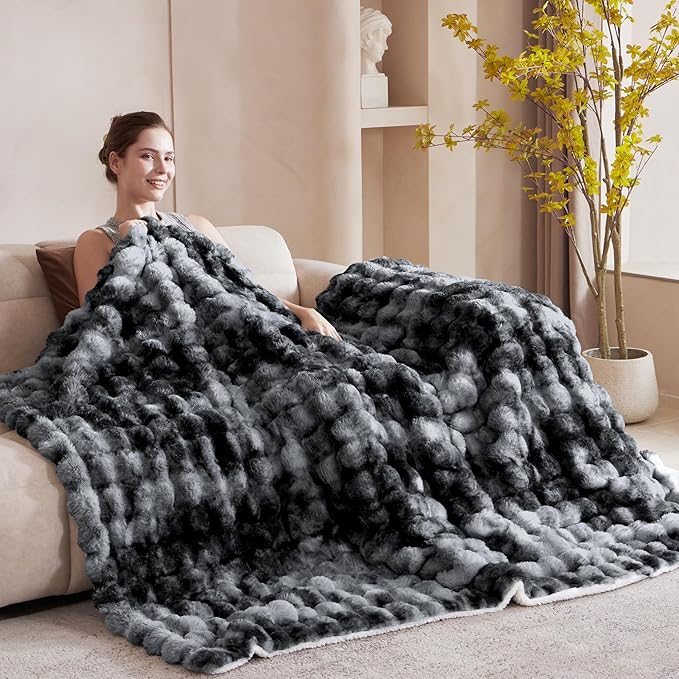 60x80 Inches Ultra-Soft Fuzzy Faux Fur Plush Twin Size Blanket - Thick, Warm Sherpa for Couch, Sofa, Bedroom, Camping - Decorative Blanket for Cozy Warmth, Bubble Black Tie Dye