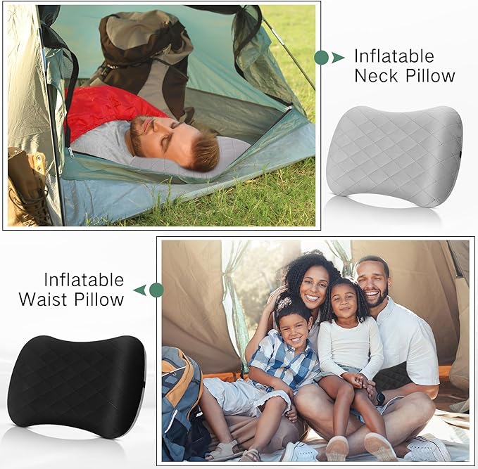 Threehoney 2 Pack Inflatable Travel Camping Pillow with Removable Cover Backpacking Blow up Neck Air Pillow Compressible for Lumbar Support Travel Hiking(Black,Grey)