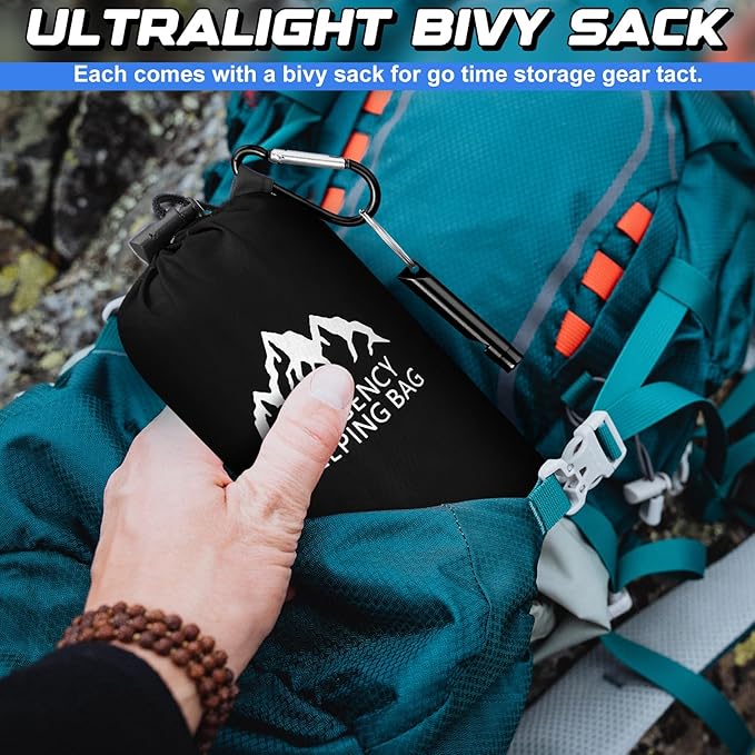 Oudain 6 Pcs XL Emergency Sleeping Bag 94.5" x 49.2" Waterproof Survival Sleeping Bag with Whistle Carabiner Portable Thermal Bivy Sack Emergency Blankets for Camping Hiking Outdoor