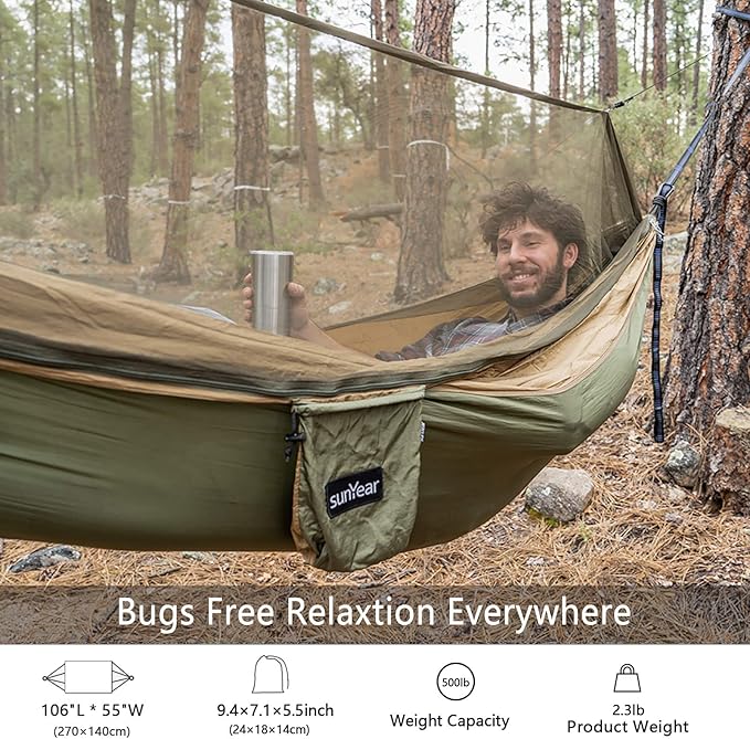 Sunyear Hammock Camping with Rain Fly Tarp and Net, Portable Camping Hammock Double Tree Hammock Outdoor Indoor Backpacking Travel & Survival, 2 Tree Straps,100% Waterproof