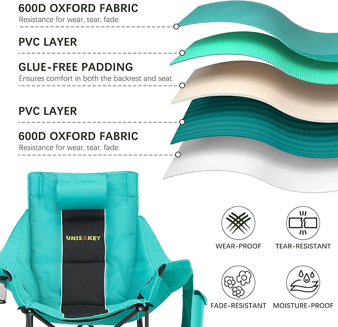 Unisakey Oversized Rocking Camping Chair with Headrest & Cup Holder - 400lbs Capacity, 600D Oxford Fabric, Easy Fold Portable Outdoor Rocker Chair for Camping, Backyard, Beach, Blackgreen