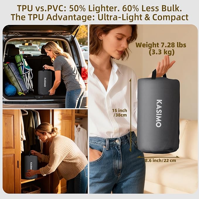 KASIMO Air Mattress Queen with Built-in Battery Powered Removable Pump, TPU Blow Up Mattress with Pillow, Strong Support All Night, No Lost Air,Compact Inflatable Air Bed for Home Guests Camping