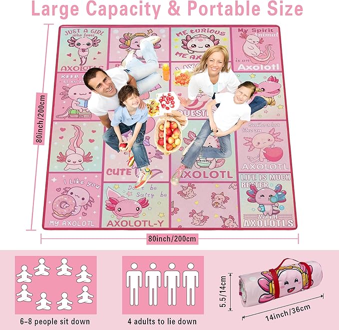 Supfitness Extra Large Picnic Blankets Waterproof Foldable (80"x 80") Axolotl Beach Blanket Waterproof Sandproof,3-Layer Thicking Mat Outdoor Packable Camping Blanket