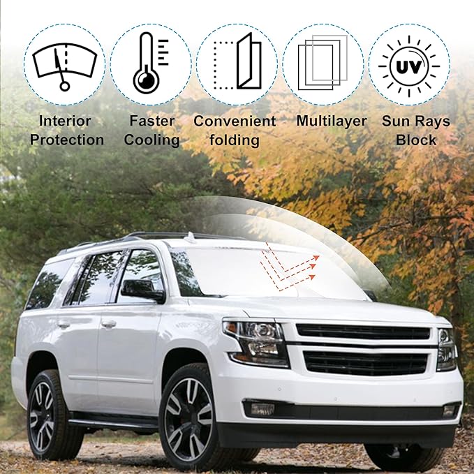 Windshield Sun Shade Custom Fit 2015 2016 2017 2018 2019 2020 Chevrolet Tahoe Accessories Foldable Sunshade Sun Blocker Front Window Shades Covers Keep Car Cooler