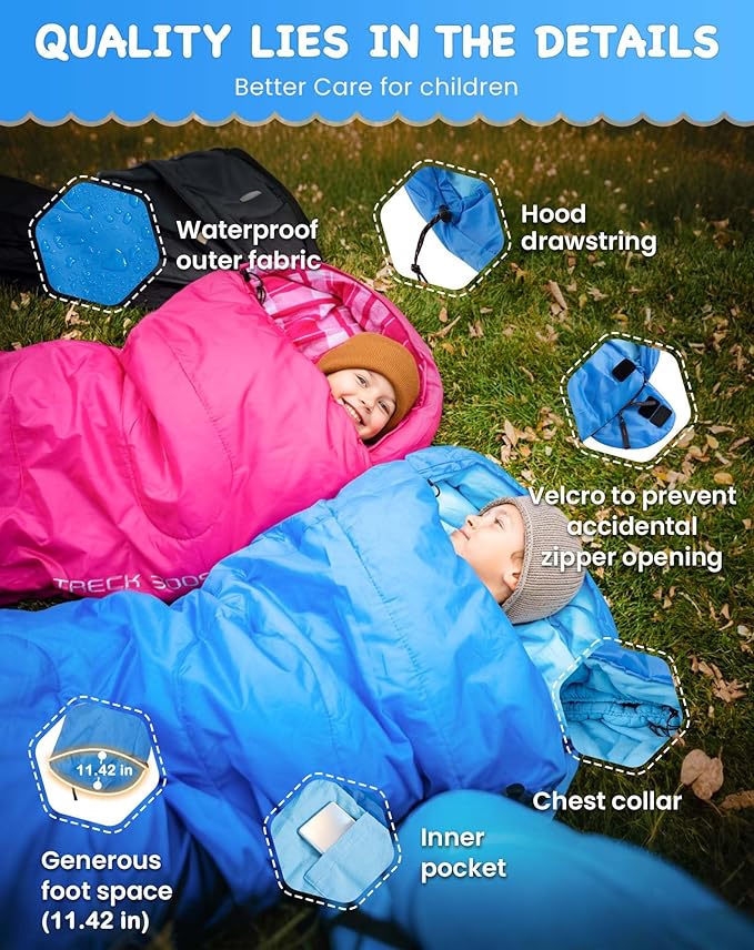 KingCamp 45°F Kids Sleeping Bag, Lightweight Waterproof & Compact Flannel Sleeping Bags Cold Weather & Warm Youth Essentials Gear Accessories for Camping, Fits 10-12 Children up to 4'7"-5'5" Tall
