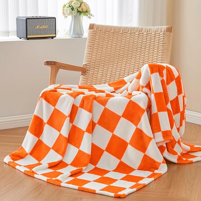 BEDELITE Checkered Throw Blanket for Couch, Soft & Cozy Fleece Flannel Blanket with Checkerboard Grid Home Decor, Checkered Orange Tennessee Blanket, 50x60 Inches