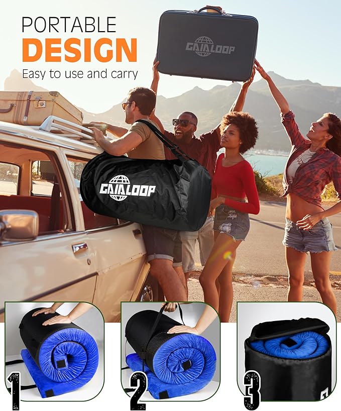 GAIALOOP 3 Inch Memory Foam Camping Mattress, Dual Layer Thick Sleeping Camp Pad for Car Tent Cot, Roll-Up Portable Glamping Floor Bed for Guests Sleepover