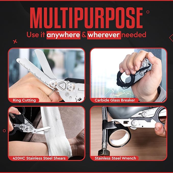 Heavy Duty 6 in 1 Multipurpose Emergency Trauma Shears Scissors with Holster, Outdoor Camping Rescue Tools with Glass Breaker, Strap Cutter Stainless Steel Foldable Scissors Pliers