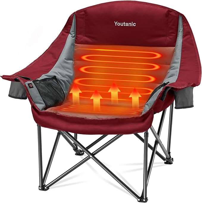 Youtanic Heated Camping Chair, 3 Heat Levels Oversized Padded Lawn Chair with Side Pockets and Cup Holder, Outdoor Heating Folding Camp Chair for Adults, Fishing, Sports, Picnic, up to 500lbs, Style 3
