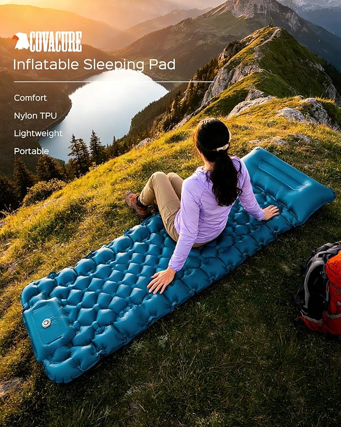 covacure Sleeping Pad for Camping - Ultralight Self-Inflating Camping Pad Mat with Built-in Foot Pump, Durable & Waterproof Air Mattress for Hiking