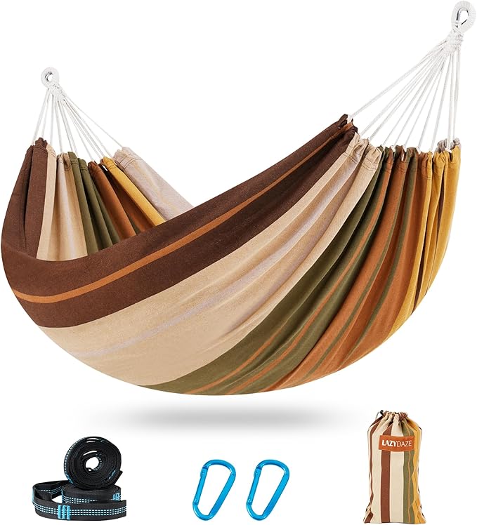 Lazy Daze Hammocks Double Brazilian Cotton Hammock, Extra Large Portable Outdoor Camping Hammock with Tree Straps & Travel Bag for Backyard Patio Poolside Indoor, 550lbs Capacity, Brown & Khaki