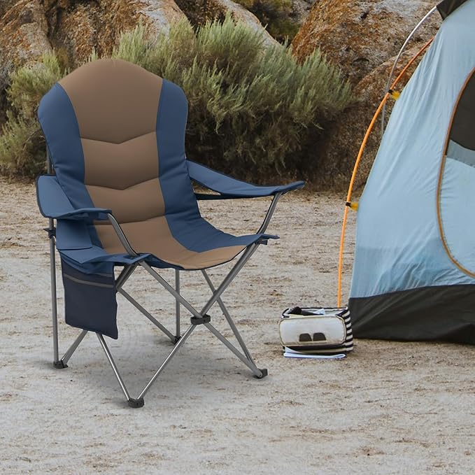 Oversized Camping Chair Heavy Duty- Portable Folding Chair, Cup Holder & Waterproof Phone Case for Adults, Beach, Hiking, Backyard (Blue & Brown, 2 PCS-21)