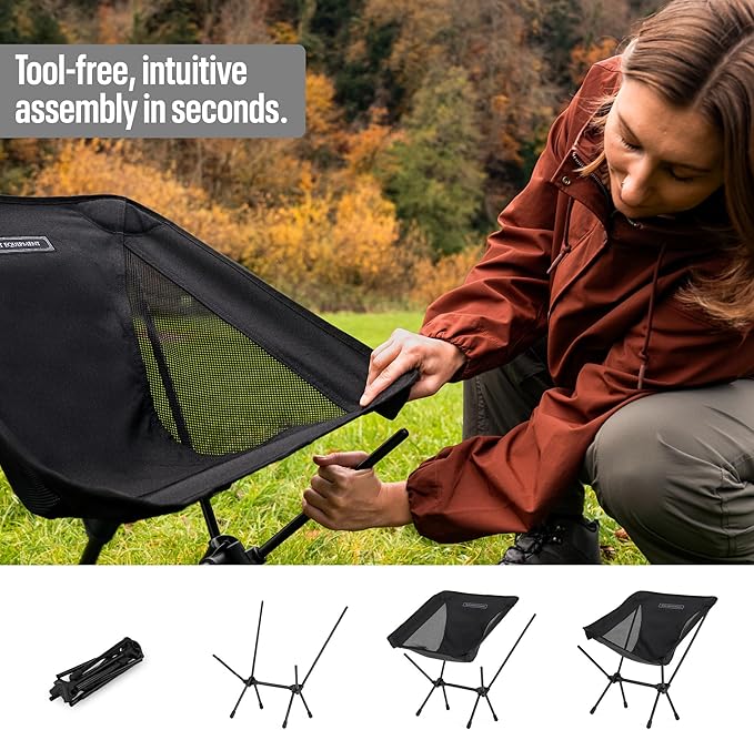 TSE LC100 Compact Camping Chair, 2lbs Super Lightweight Outdoor Folding Chair, Portable for Hiking, Beach, Festivals, Urban Use or Garden Relaxation, Black/Blue