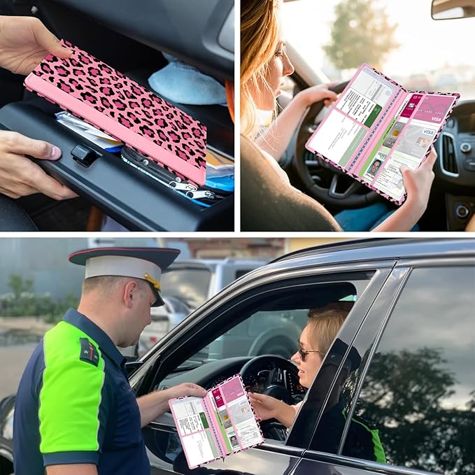 Car Registration and Insurance Holder, with Magnetic Closure for License, Cards and Documents, All Vehicle Needs and Car Accessories (Leopard-Pink)
