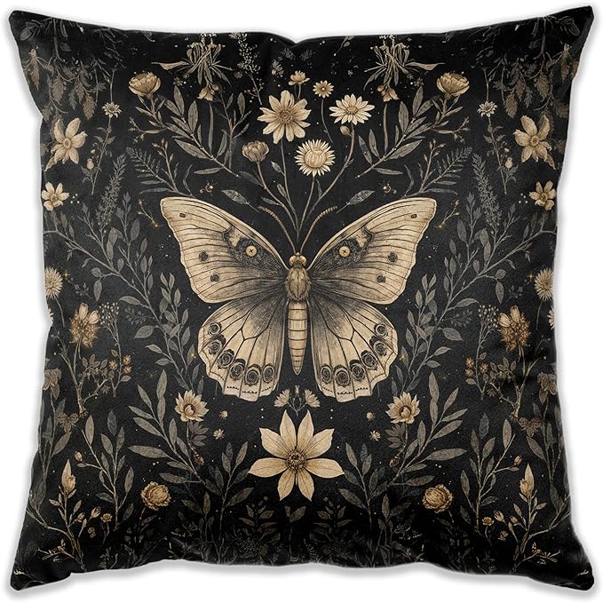 Vintage Moody Floral Butterfly Pillow Covers 18x18, Dark Cottagecore Decor, Dark Academia Botanical Moth Insect Decorative Throw Pillow Covers for Home Bedroom Living Room Sofa Couch