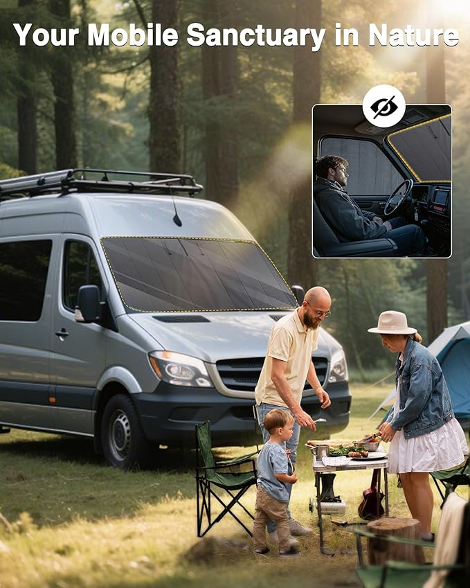 Insulated Blackout Windshield Cover for Privacy & Sun Protection, All-Season Van Life Camping Window Shade, Fit for Ford Transit 150 250 350 Medium/High Roof 2015-2025, Gray