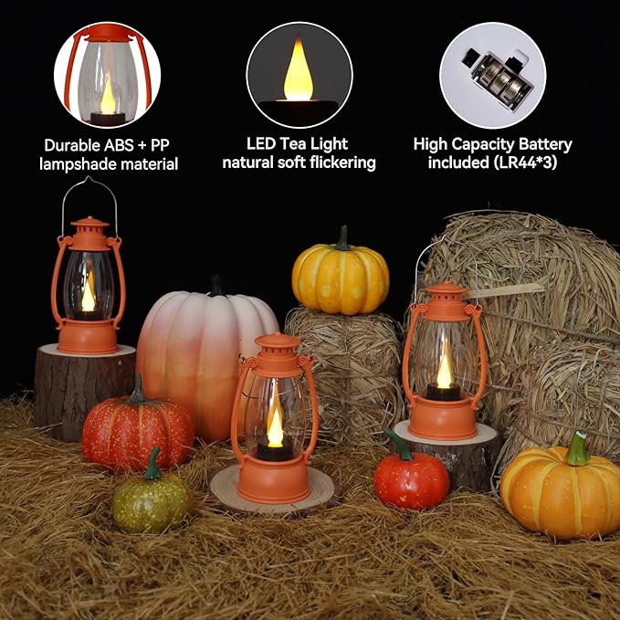 6Pcs Orange Mini Lanterns for Western Cowboy Party & Camping Decor, Small Western Lantern with LED Flickering Candle for Fall Halloween Christmas Wedding Festive Decorations, Centerpiece Table