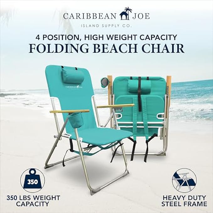 CARIBBEAN JOE Folding Beach Chair, 4 Position Portable Backpack Foldable Camping Chair with Headrest, Cup Holder, and Wooden Armrests