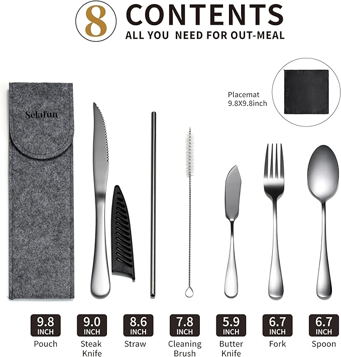 Travel Utensils with Case, Portable Travel Silverware Set Stainless Steel Lunch Box Cutlery Set for Work, Camping, Picnic, Hiking, Office (Silver)