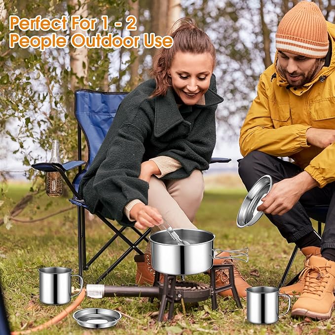 Funnymoom 14 Piece Camp Cooking Set, Stainless Steel Camping Cookware with Pot and Pan Kit 2 Set Stainless Steel Cups Plates Forks Knives Spoons for Camping, Backpacking, Outdoor Cooking and Picnic