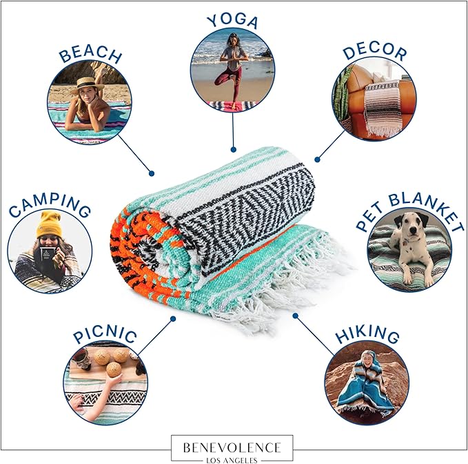 Benevolence LA Authentic Handwoven Mexican Blanket | Yoga Blankets, Outdoor, Picnic, Beach, Camping | Equestrian Saddle | Serape 50x70 inches - Bright Mandarin, Pack of 1