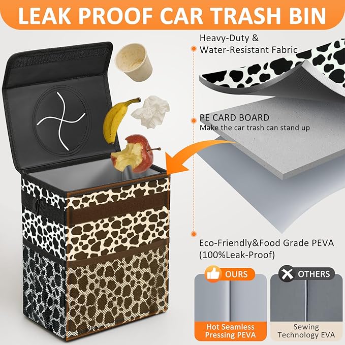 Vankor 3 Gallons Car Trash Can with Lid, Car Bag Bin Hanging Waterproof Automotive Garbage Cans Leak Proof Vehicle Trash Can Cow Print