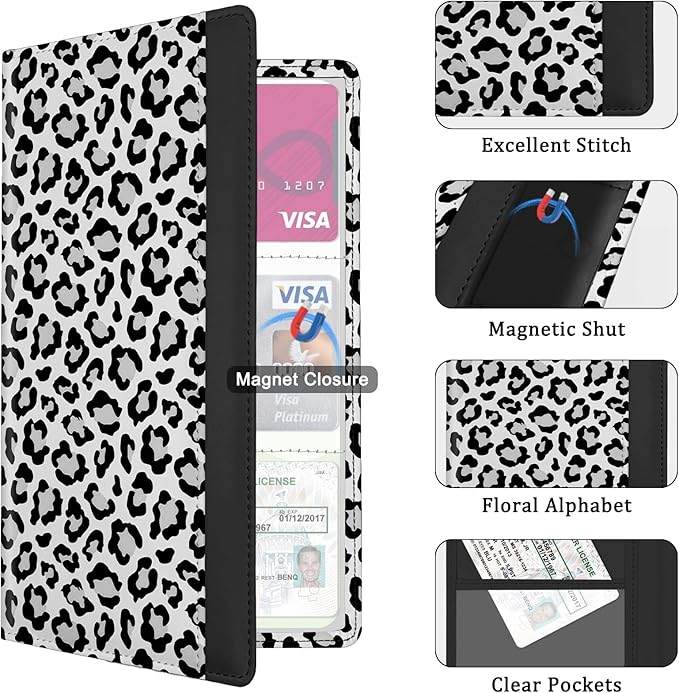 Car Registration and Insurance Holder, with Magnetic Closure for License, Cards and Documents, All Vehicle Needs and Car Accessories (Leopard-White)