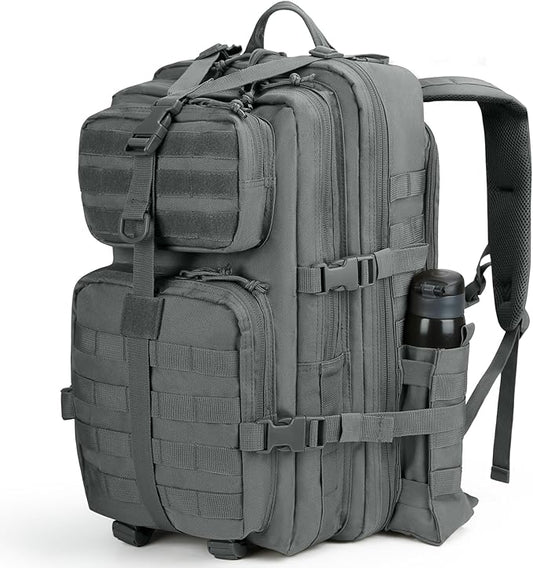 REEWBOW GEAR 40L Military Tactical Backpack For Men 3 Day Survival Heavy Duty Daypack MOLLE Bug Out Bag Hiking Rucksack (Grey with Bottle Holder)