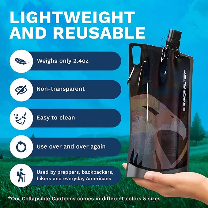 Survivor Filter Clear Collapsible Water Bottles - Travel, Hiking, Foldable, BPA-Free - 2 x