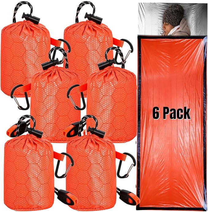 Noamus 6 Pack Emergency Survival Sleeping Bags, Thermal Bivy Sack Blanket, Lightweight Portable Nylon Sack with Whistle, Aluminized PE Survival Gear Supplies for Camping Hiking, Outdoor Adventure