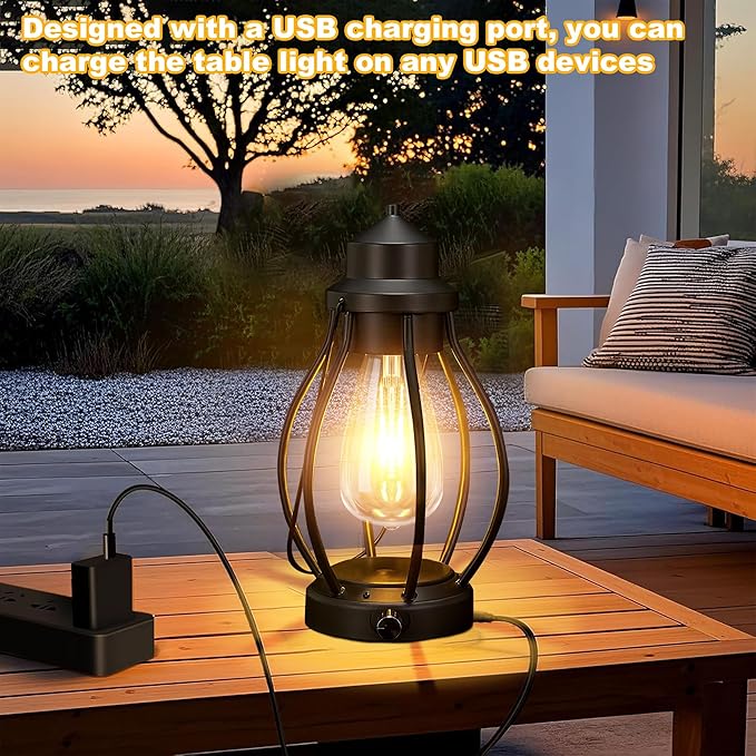 pearlstar Rechargeable Camping Lanterns 2 Pack Black Portable LED Decorative Lamps Outdoor Indoor Battery Operated/USB-C Charge, Dimming Edison Blub light with Timer, for Table Patio Garden Yard Porch