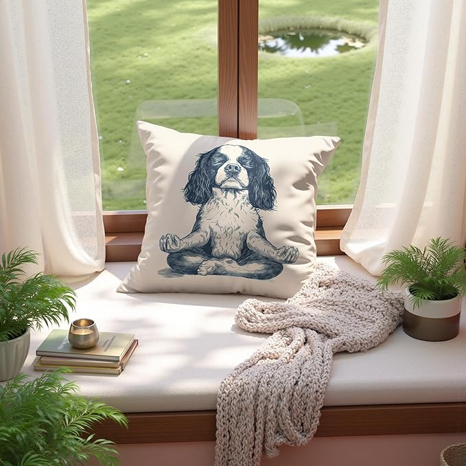 Vintage Yoga Cavalier King Charles Spaniel Pillow Cover 18x18, King Charles Cavalier Gifts, Dog Meditation Decorative Throw Pillow Cover for Meditation Zen Room Yoga Studio Home