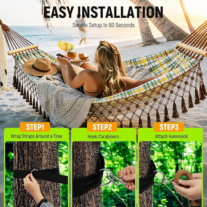 Portable Hammock, Bohemian Hammock,2person Hammock,for Suitable,Patio,Beach,Backyard,Garden,（Cyan 79 * 59