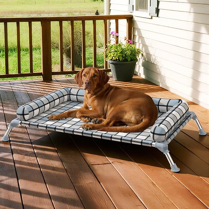 Elevated Pillow Bolster Dog Bed - Raised Dog Beds with Bolster Portable Lifted Washable Pet Cot Bed with Stainless Steel Frame Dogs Hammock Bed for Indoor & Outdoor (Bolster L)