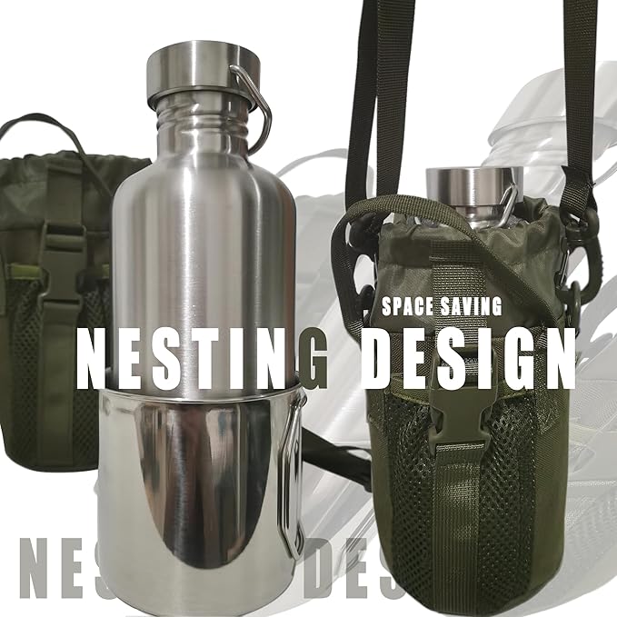 Survivor 3-in-1 Outdoor Canteen - 42oz Single Wall Water Bottle with 24oz Nesting Camping Cup & Carrying Bag | 18/8 Stainless Steel | Wide Mouth Design | Outdoor Survival Bushcraft Gear