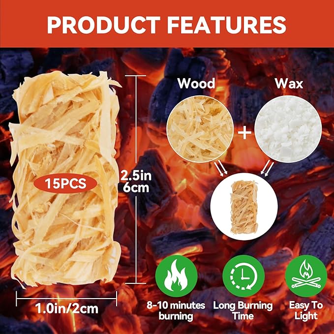 MAQIHAN 15PCS Quick Ignite Fire Starter - Fire Starter Rolls for BBQ Fireplace, Charcoal Starter for Indoor and Outdoor Use, Easily Light, Wax Wood Roll for Campfire, Chimney, Grill, Camping, Survival