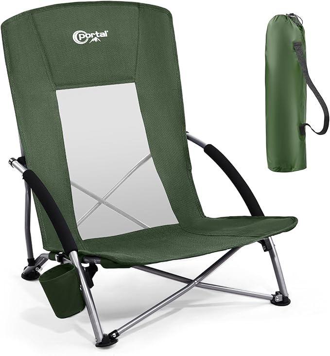 Portal Beach Chairs for Adults Camping Low Lightweight Portable Chair with Cup Holder Mesh Back Carry Bag for Outdoor Sand Lawn Travel Picnic Festival Concert